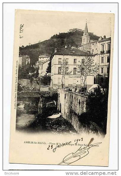 Cpa AMELIE LES BAINS Place De La Republique Et Pont St Quentin VILLA ST PIERRE Charrettes - Ed Xatard Libr - Autres & Non Classés