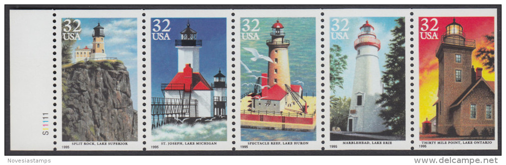 !a! USA Sc# 2973a MNH BOOKLET-PANE(5) W/ Left Margin & Plate-# - Lighthouses - 3. 1981-...