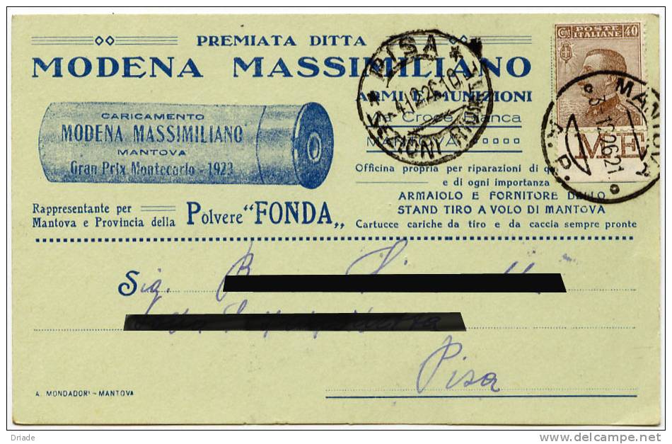 CARTOLINA COMMERCIALE PUBBLICITA ARMI E MUNIZIONI DI MODENA MASSIMILIANO MODENA VIAGGIATA ANNO 1926 - Mantova