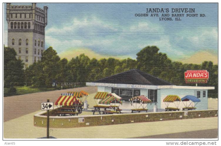 Janda's Drive-In, Lyons Illinois Roadside Dining Restaurant On Curteich Vintage Linen Postcard - American Roadside