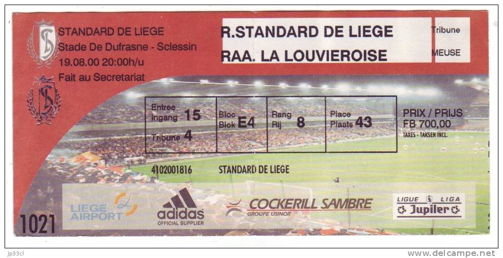 Ticket Standard De Liège - RAAL La Louvière, 19/8/2000 - Eintrittskarten