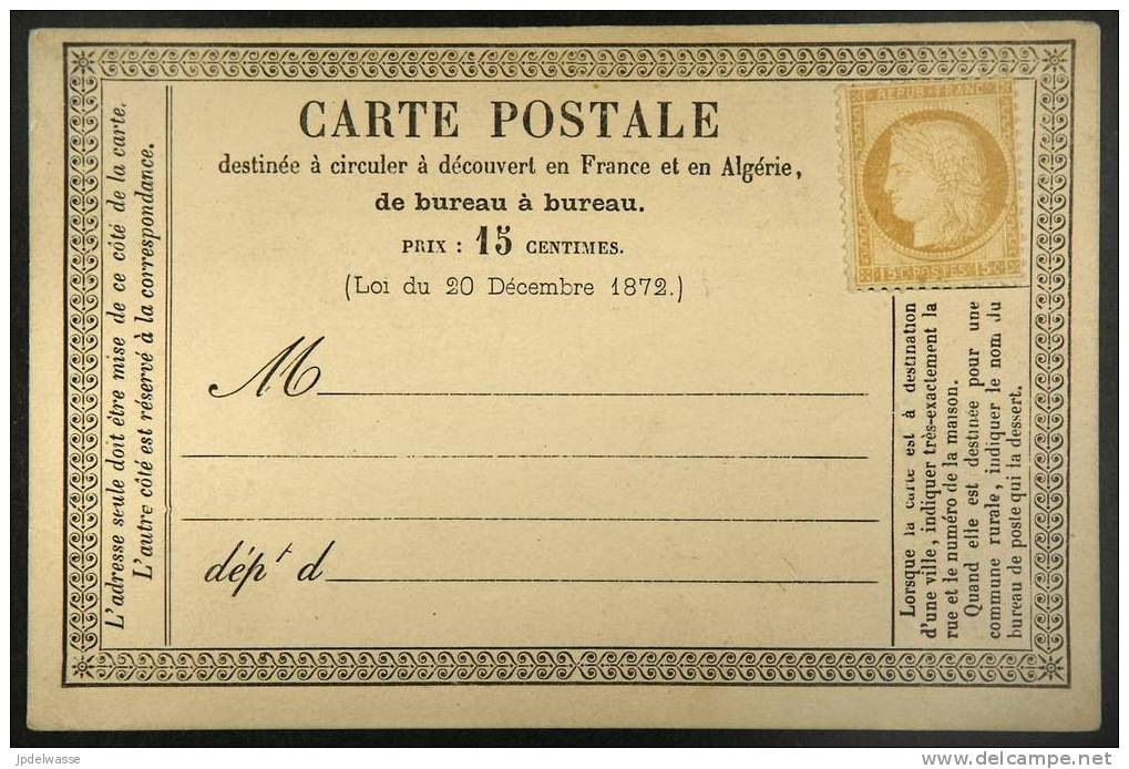 Carte N° 10 Non Circulée Affranchie Cérès 15c Bistre N°55 - Très Belle - Precursor Cards