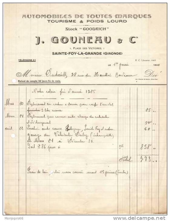 Facture De La Société D’Automobiles De Toutes Marques J. GOUNEAU & Cie De Sainte-Foy-la-Grande Et De 1926 - Auto's