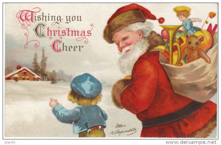 Santa Merry Christmas Holiday Signed Clapsaddle Vintage Embossed Postcard, Toys Bear Doll - Clapsaddle