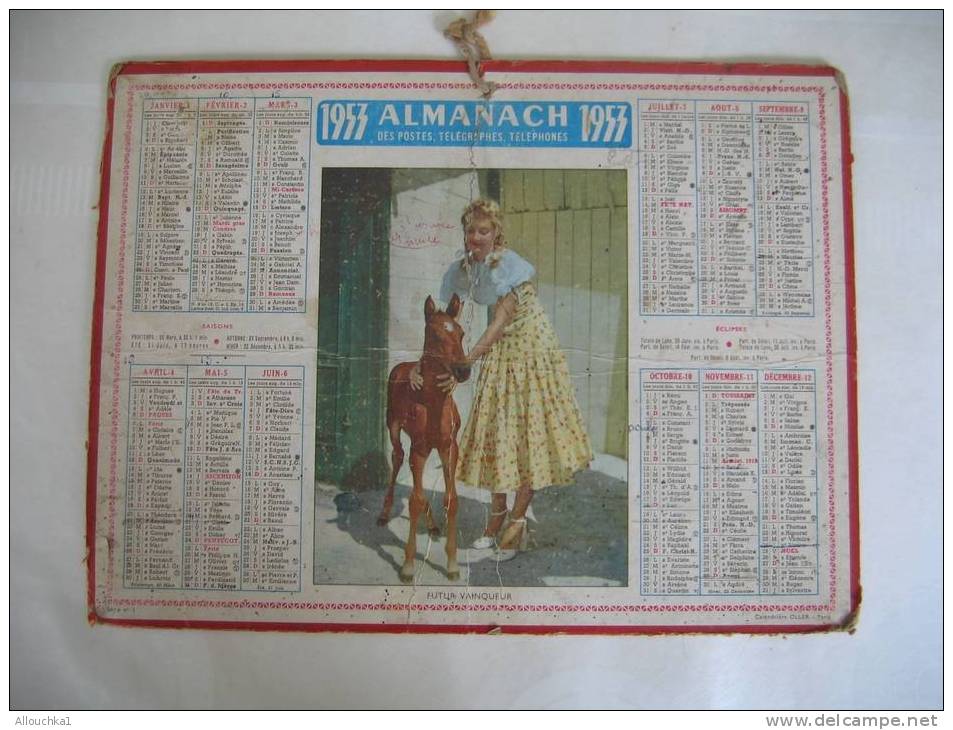 1953- CALENDRIER GRAND FORMAT ALMANACH-PTT-POULAIN FUTUR VAINQUEUR DE COURSES HIPPIQUES EN ETAT TRES MOYEN PLIURE :SCANN - Groot Formaat: 1941-60