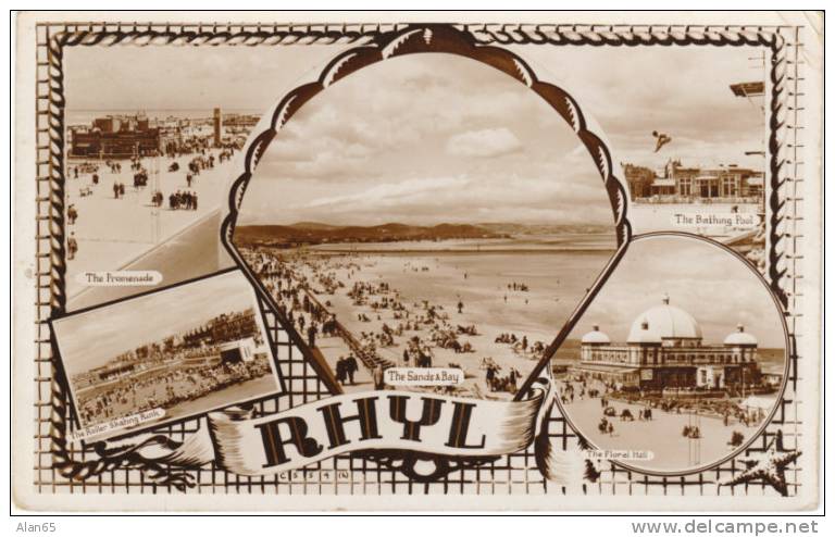 Rhyl Wales Multi-view Real Photo Postcard, Swimming Pool, Roller Skating Rink, Floral Hall - Denbighshire