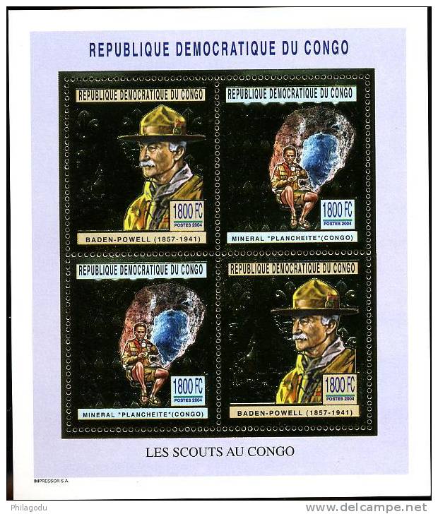 CONGO  Dec 2004 **   BF 4 Val  Or   ++ Scout Et Minéraux  ++   Baden Powell Et Plancheite 4 Val - Mint/hinged