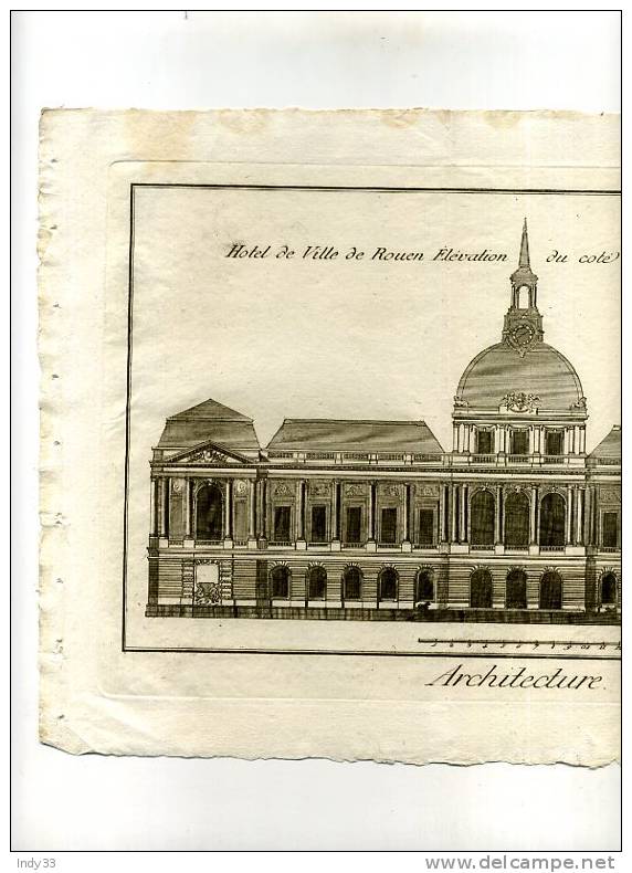 - HÔTEL DE VILLE DE ROUEN . ELEVATION DU CÔTE DE LA PLACE ROYALE . EAU FORTE DU XVIIIe S. - Arquitectura