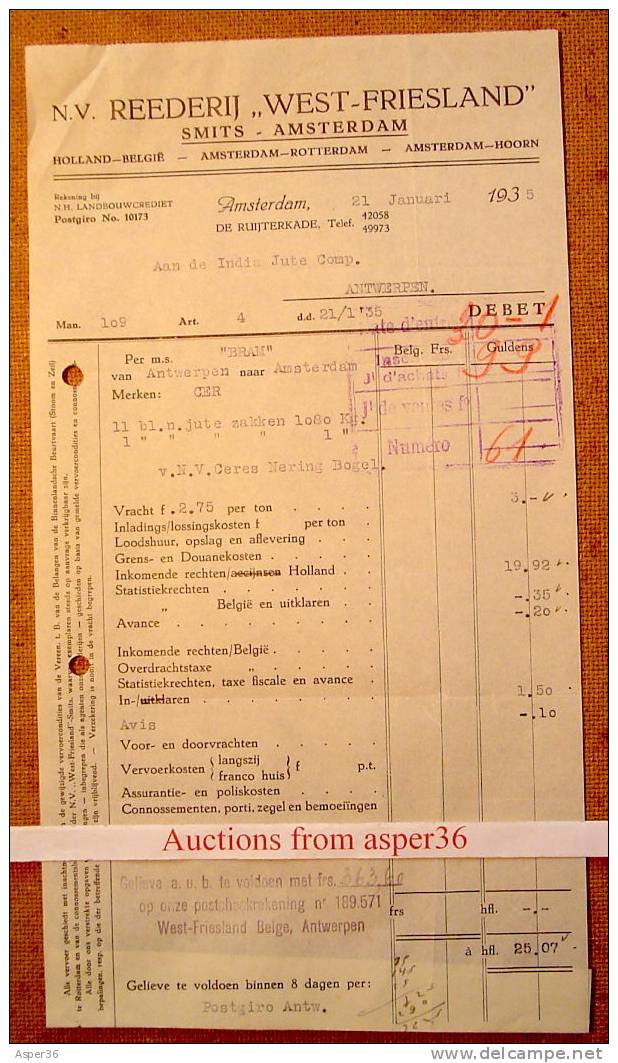 Factuur "N.V. Reederij 'West-Friesland', Smits, Amsterdam 1935" - Pays-Bas