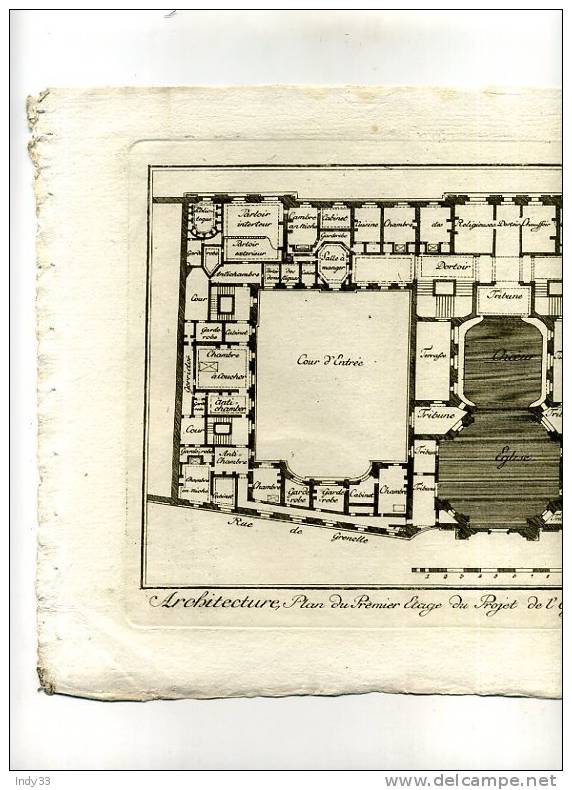 - ARCHITECTURE . PLAN DU 1er ETAGE . PROJET POUR L´ABBAYE ROYALE DE PANTHEMONT RUE DE GRENELLE . EAU FORTE DU XVIIIe S. - Arquitectura