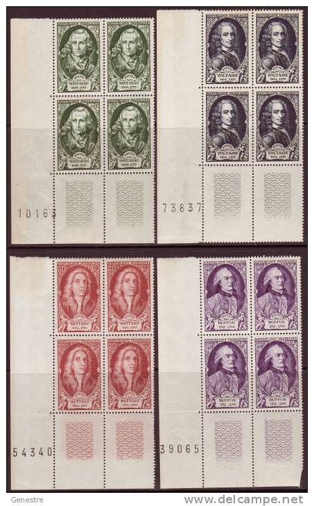 France - 1949 - Y&T 853 à 858 ** (MNH) En Coin De Feuille, Bloc De 4 Et Numéro D'impression - Unused Stamps