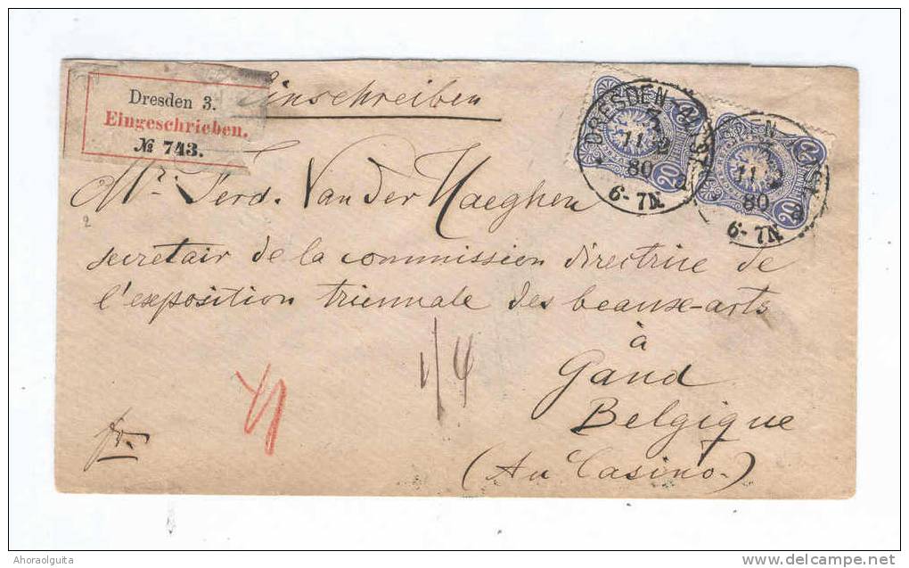 Lette RECO De DRESDEN Allemagne 1880 Vers GAND - Verso Cachet AMBULANT EST 1   --  8/988 - Ambulante Stempels