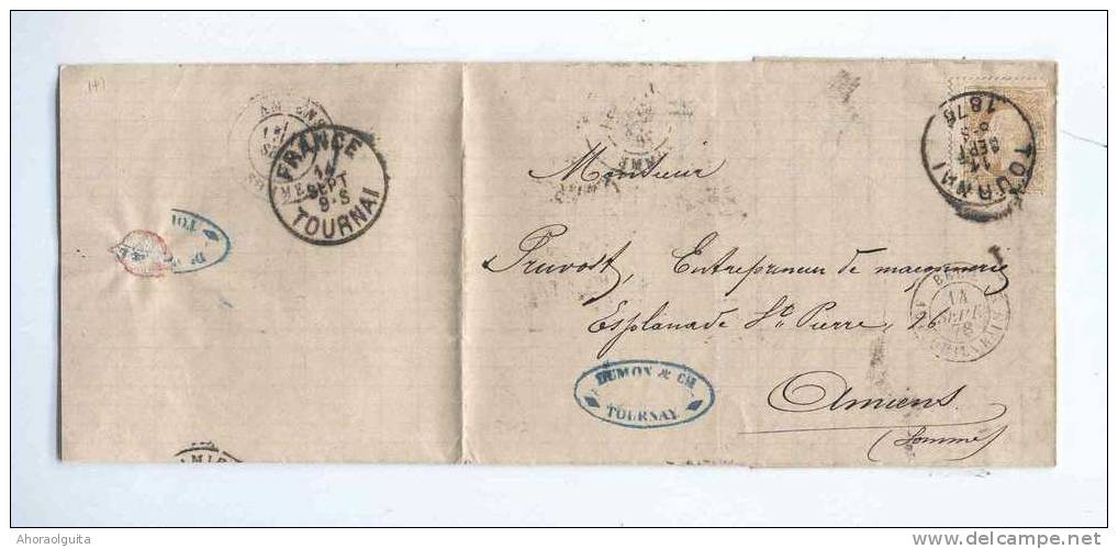 Lettre TP No 32 TOURNAI 1878 Vers Amiens  - Cachet De Passage FRANCE  TOURNAI   --  8/997 - Transit Offices