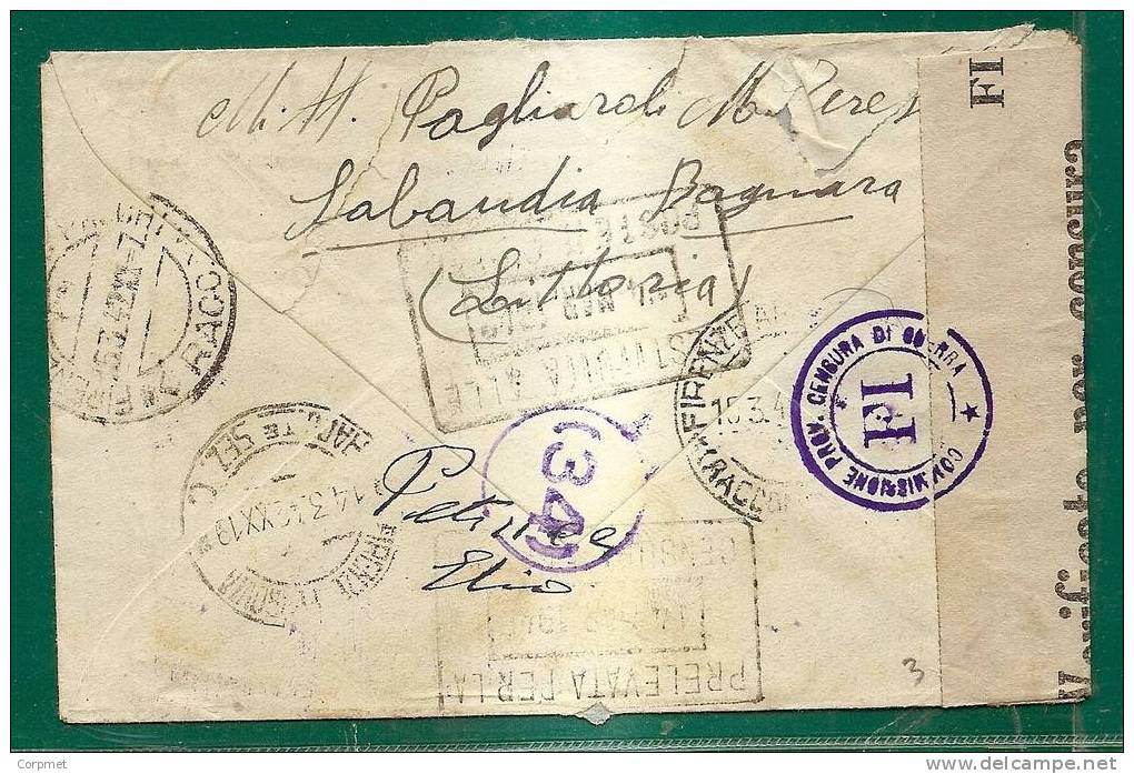 ITALIA - VF MULTIPLE CENSORED MARKS - REGISTERED SABAUDIA 1942 COVER To FIRENZE - Poste Militaire (PM)