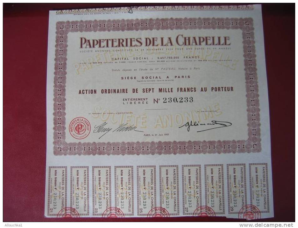 1957-:ACTION & TITRE-SCRIPOPHILIE- PAPETERIE DE LA CHAPELLE  SOCIETE ANONYME - Industrie