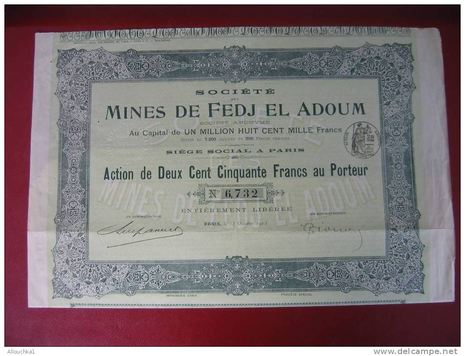 1913-:ACTION & TITRE-SCRIPOPHILIE- MINES DE FEDJ EL ADOUM  EN TUNISIE EX PROTECTORAT FRANCAIS - Mines