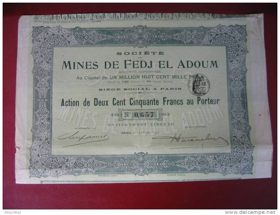 1913-:ACTION & TITRE-SCRIPOPHILIE- MINES DE FEDJ EL ADOUM  EN TUNISIE EX PROTECTORAT FRANCAIS - Mijnen