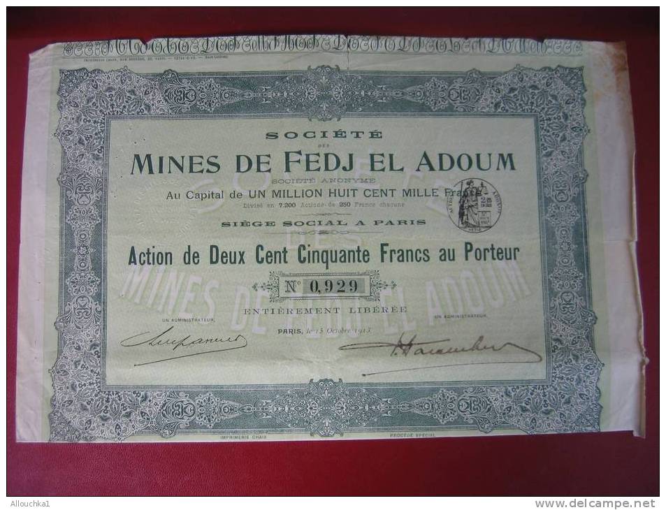 1913-:ACTION & TITRE-SCRIPOPHILIE- MINES DE FEDJ EL ADOUM  EN TUNISIE EX PROTECTORAT FRANCAIS - Mijnen