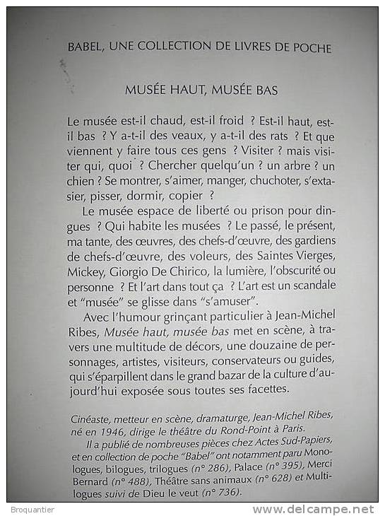 Musée Haut, Musée Bas De Jean Ribes Chez Babel. - Französische Autoren