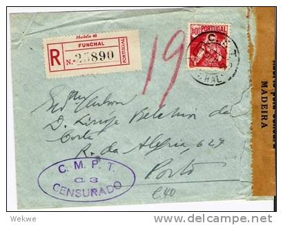 Mad001/ Funchal 1943, Einschreiben, Zensurstempel + Verschluss - Funchal