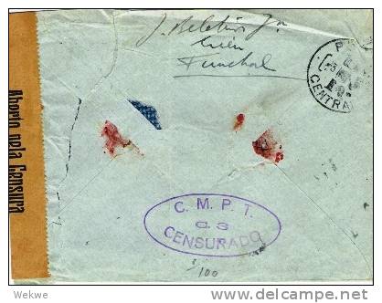 Mad001/ Funchal 1943, Einschreiben, Zensurstempel + Verschluss - Funchal