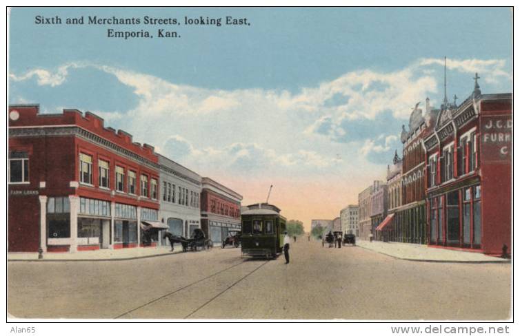 Emporia Kansas, Street Car And Horse-drawn Wagons On Vintage Postcard - Otros & Sin Clasificación