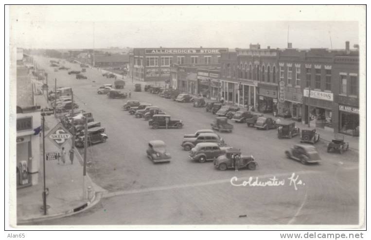 Coldwater Kansas 1930s Real Photo Street Scene, 'Skelly' Gas Station, Animated Street Scene - Altri & Non Classificati