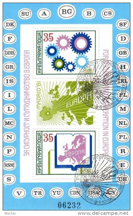 CEPT Symbole Europäische Sicherheits - Konferenz  Madrid Bulgarien 3048/9 + Block 117 O 45€ - 1981