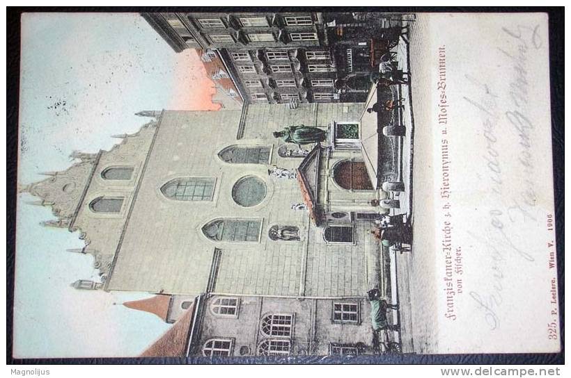 R!,Austria,Wien,Franziskaner Kirche,Hieronymus,Street Scene,People,Fountain,Shops,vintage Postcard,DAMAGED CORNER - Kirchen