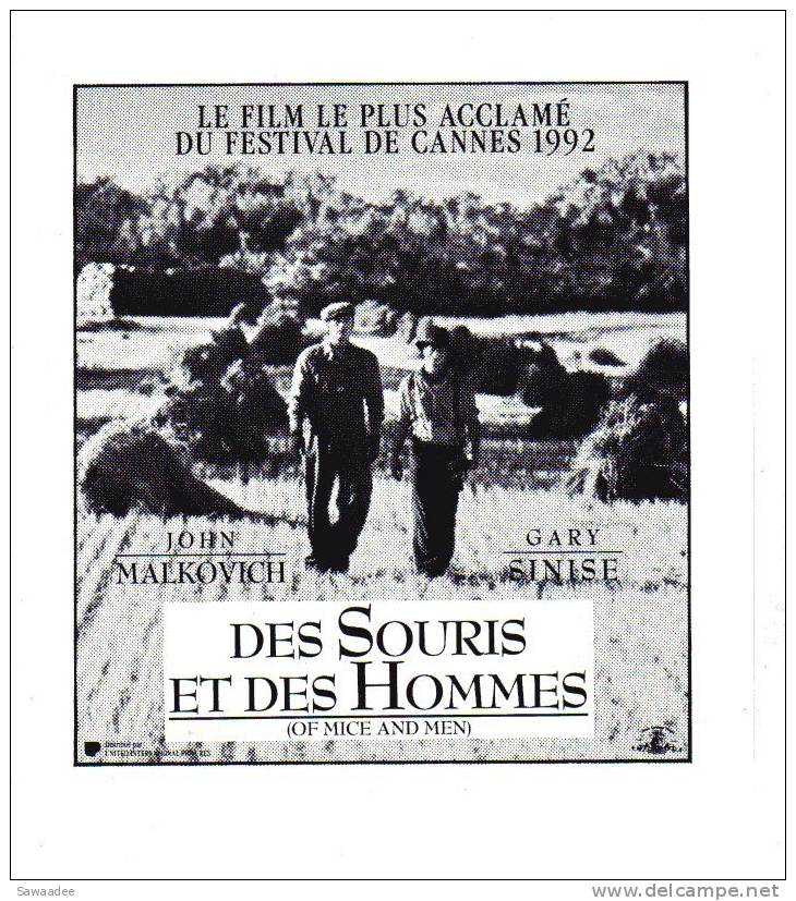 PAVE DE PRESSE - FILM DES SOURIS ET DES HOMMES AVEC JOHN MALKOVICH - FESTIVAL DE CANNES 1992 - Sonstige & Ohne Zuordnung