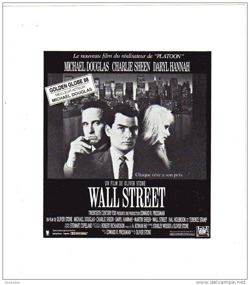 PAVE DE PRESSE - FILM WALL STREET DE OLIVER STONE AVEC MICHAEL DOUGLAS , CHARLIE SHEEN - GOLDEN GLOBE 1988 - Otros & Sin Clasificación