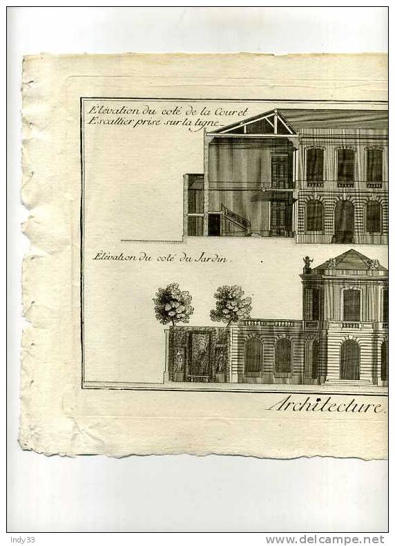 - ARCHITECTURE .  PROJET POUR L´ABBAYE ROYALE DE PANTHEMONT RUE DE GRENELLE . ELEVATION COTE C  . EAU FORTE DU XVIIIe S. - Architettura