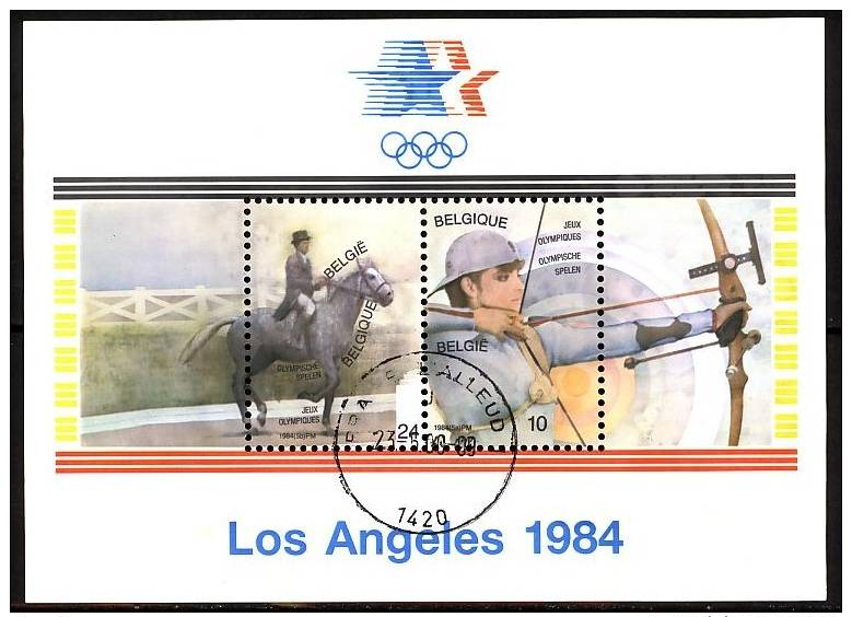 BELGIQUE JEUX OLYMPIQUES LOS ANGELES 1984  EQUITATION, TIR A L´ARC, BF N° 60 Oblitéré - Ganze Bögen & Kleinbögen