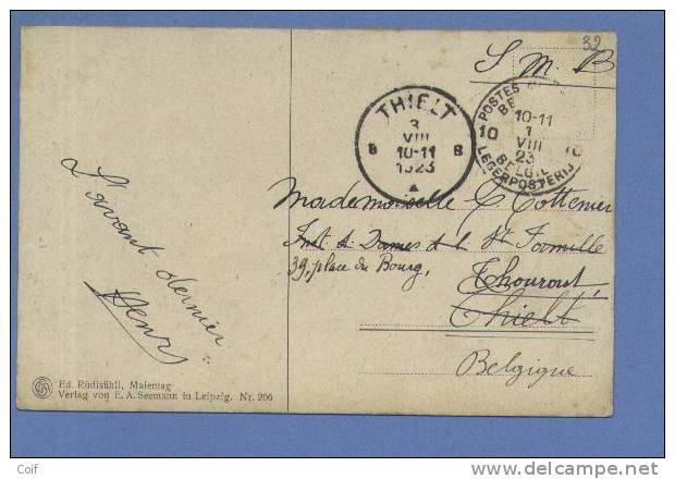 Kaart Met Stempel POSTES MILITAIRES BELGIQUE 10 Op 1/8/1923 Naar THIELT B - Marcas De La Armada