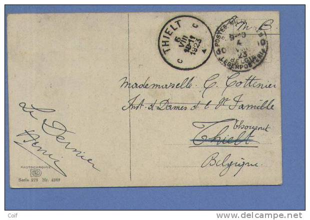 Kaart Met Stempel POSTES MILITAIRES BELGIQUE 10 Op 4/8/1923 Naar THIELT C - Armeestempel