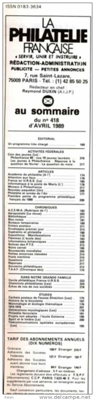 La Philatélie Française N°418 30 Avril 1989 Organe Officiel  TBE - Français (àpd. 1941)