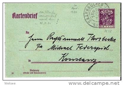 Saar035/ Bayern K 12 Bahnpost Nach Ludwigshafen 30.4.1920 - Enteros Postales