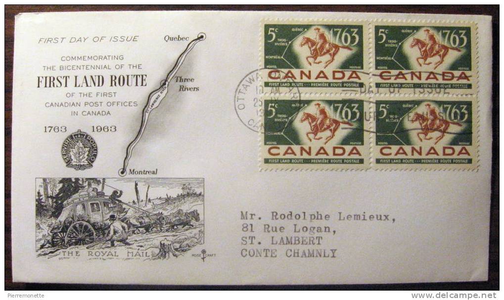 +Canada 1963, 413, 100e Première Route Postale-Lettre-Bloc-FDC, 1v, O - 1961-1970