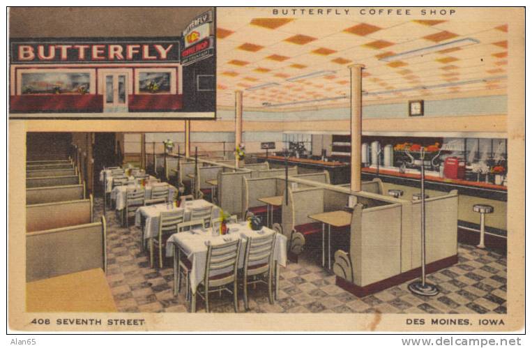 Des Moines Iowa, Butterfly Coffee Shop Vintage Linen Postcard, Cafe Lunch Counter - Autres & Non Classés