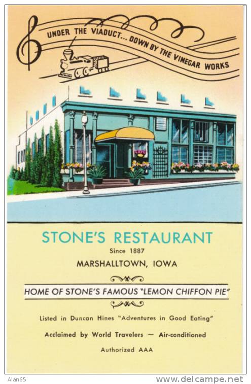 Marshalltown Iowa, Stone's Restaurant Vintage Postcard, 'Curteichrom' - Autres & Non Classés