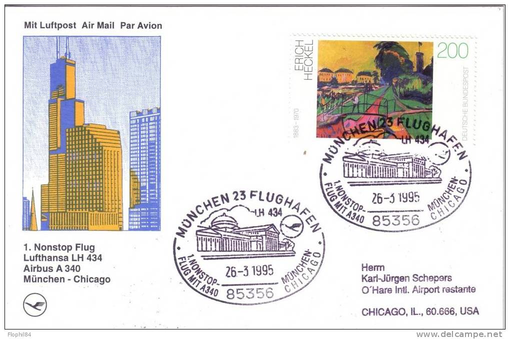 ALLEMAGNE-CHICAGO-POSTE AERIENNE 23-3-1995 - Storia Postale