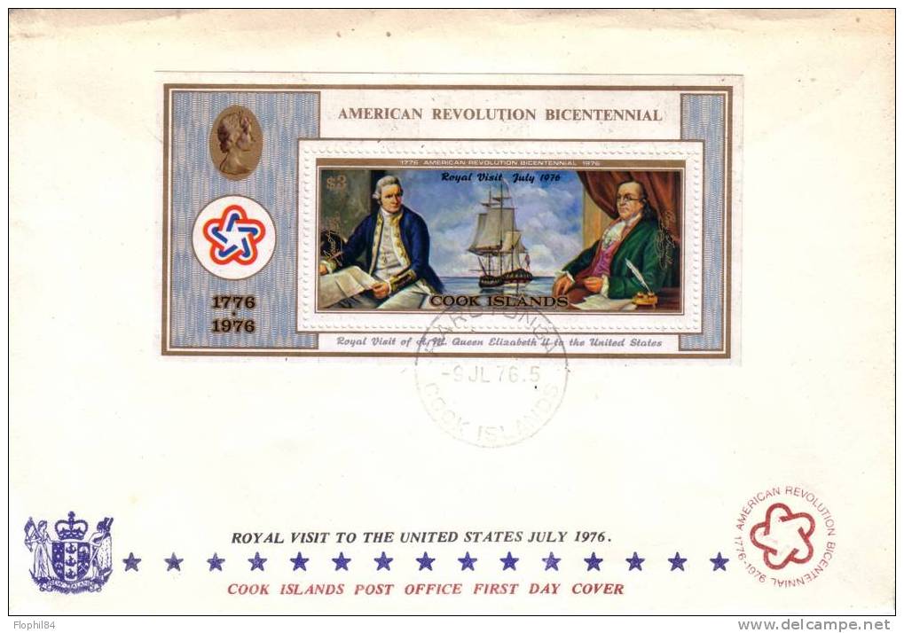 COOK ISLAND-BLOC AMERICAN REVOLUTION BICENTENNIAL SUR LETTRE PREMIER JOUR 9-7-1876 - Cook