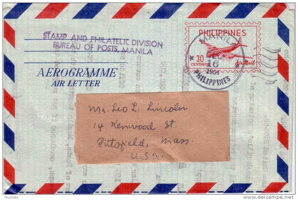 AEROGRAMME-PHILIPPINES POUR USA 16-12-1954 - Filippine