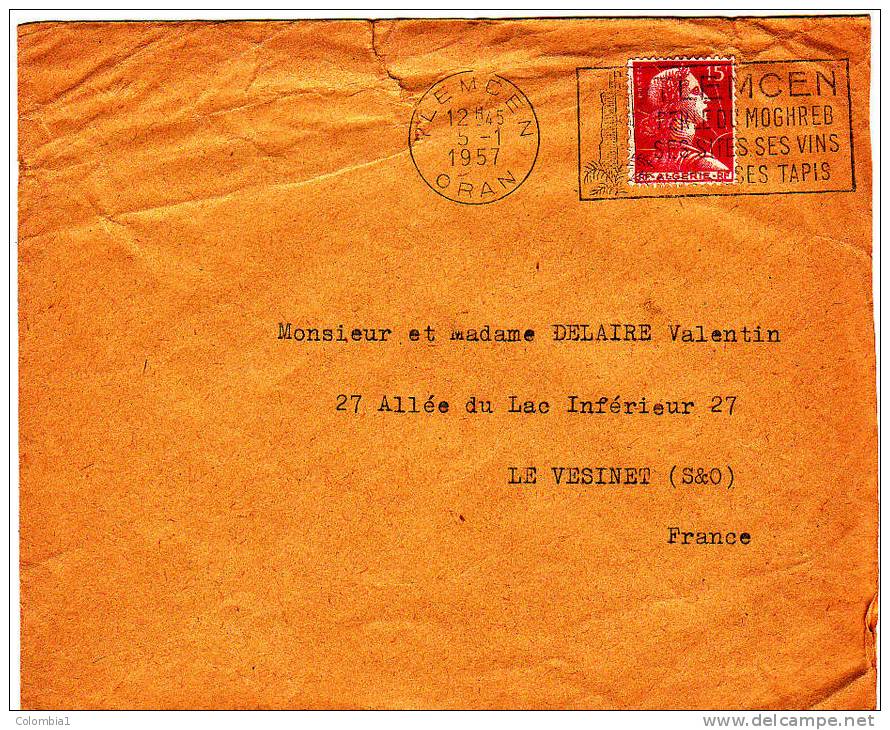 ALGERIE Lettre De TLEMCEM 5/1/1957 - Lettres & Documents