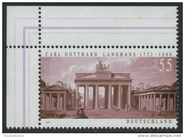 !a! GERMANY 2007 Mi. 2634 MNH SINGLE From Upper Left Corner -Brandenburger Tor - Ungebraucht