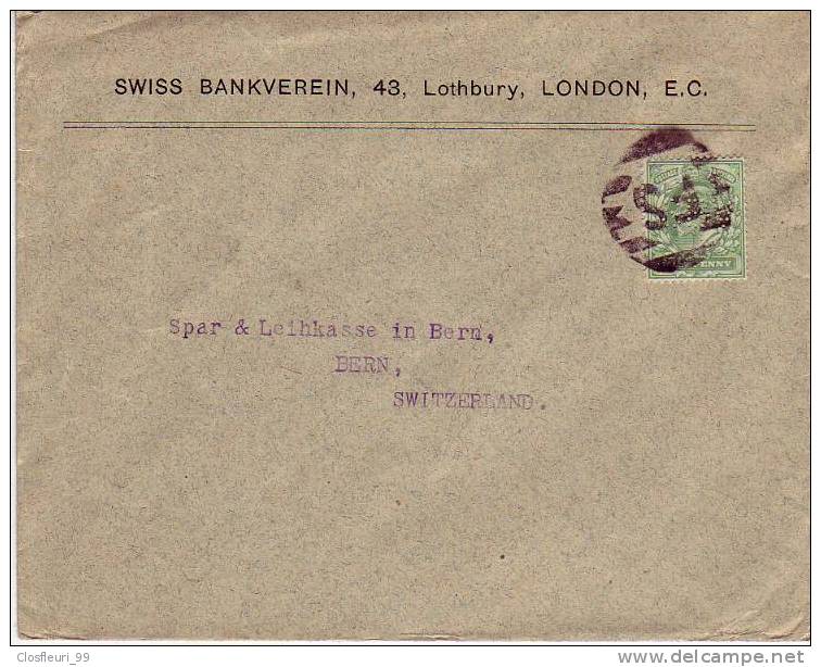 Lettre Avec Perfin : Swiss Bankverein, 43 Lothbury London, E.C. / Perforé "SBV" - Lettres & Documents