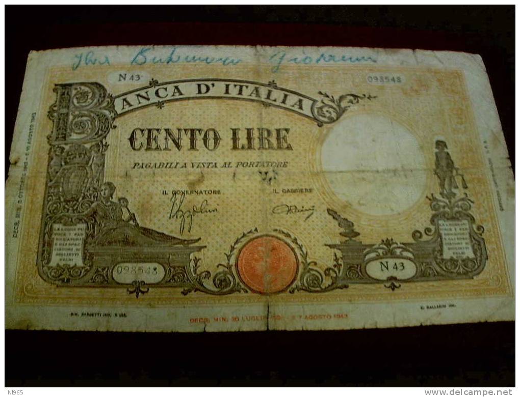 REPUBBLICA SOCIALE - BIGLIETTI DI BANCA - BANCONOTA DA LIRE 100 GRANDE B  ( BANCA D´ ITALIA ) - 100 Lire