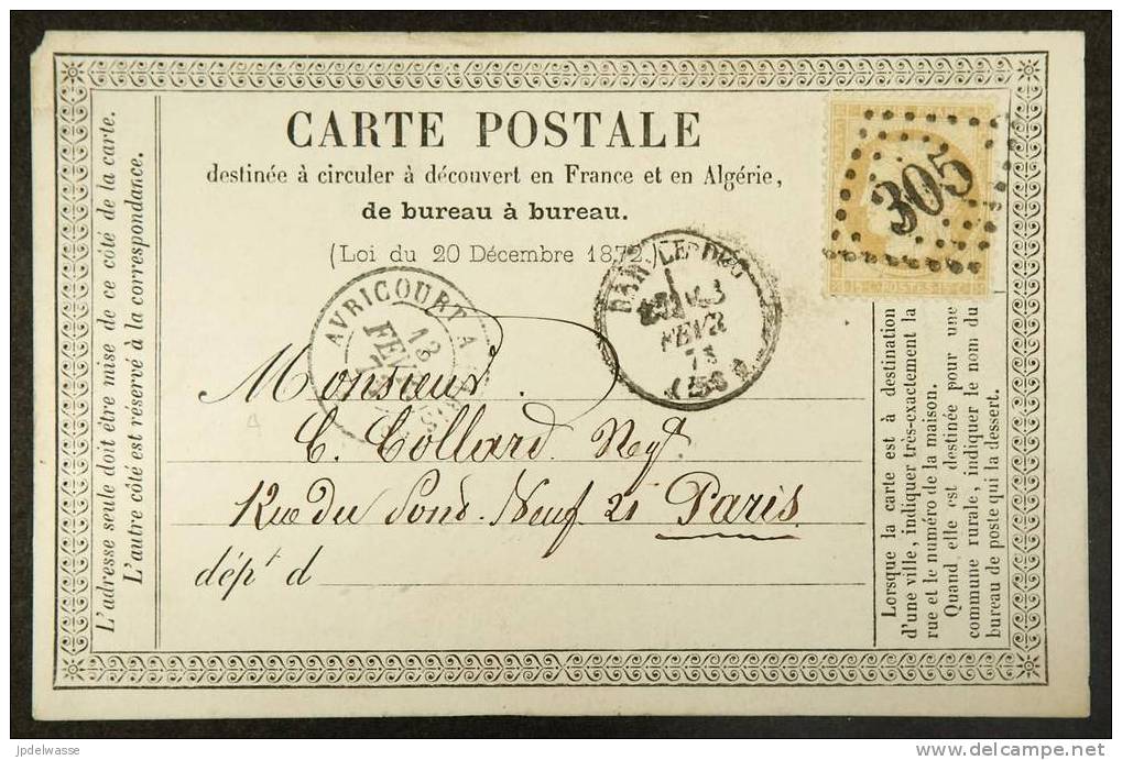 Carte N° 2 De Bar-le-Duc à Paris Le 13/2/73 Affranchie Cérès 15c Bistre N° 59 Oblitéré Losange GC 305 - TB - Precursor Cards