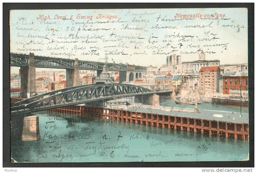 NEWCASTLE ON TYNE, HIGH LEVEL AND SWING BRIDGES, VINTAGE COLOUR PC, USED 1908 - Newcastle-upon-Tyne