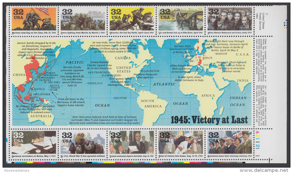 !a! USA Sc# 2981 MNH SHEET(10) (LR/421121-1) - Victory At Last (1945) - Hojas Completas